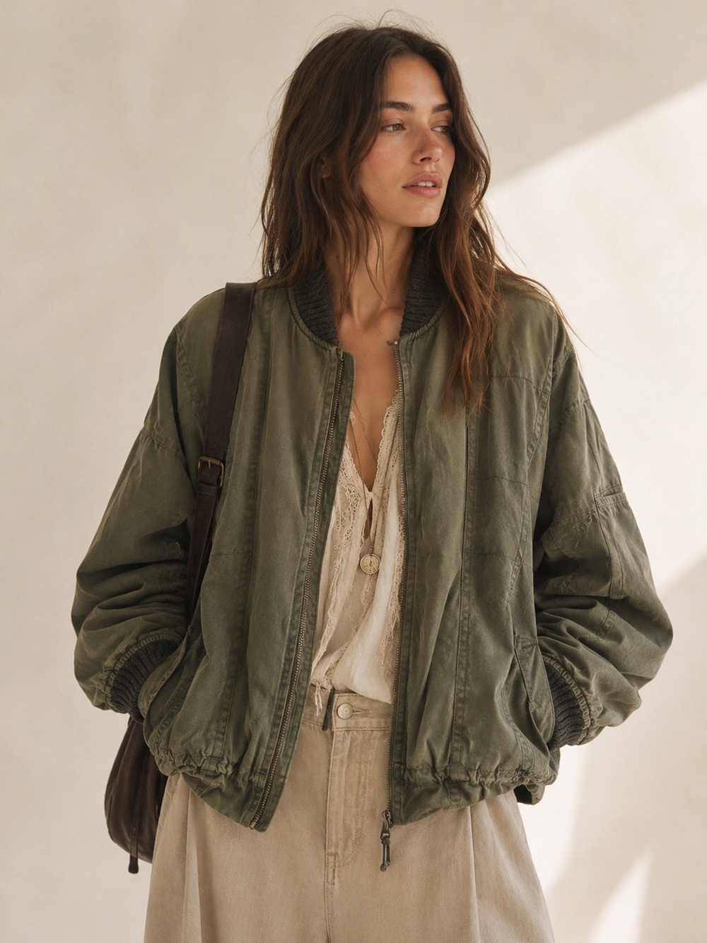 Free People Washed Bomber Jacket Olive Green | Large